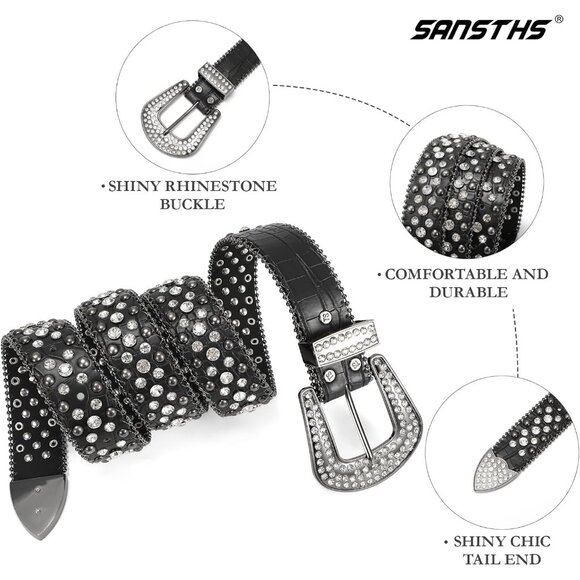 ⚡Women Rhinestone Belt Jeans Western Cowgirl Bling Studded Belt Grain Leather - Picture 4 of 7